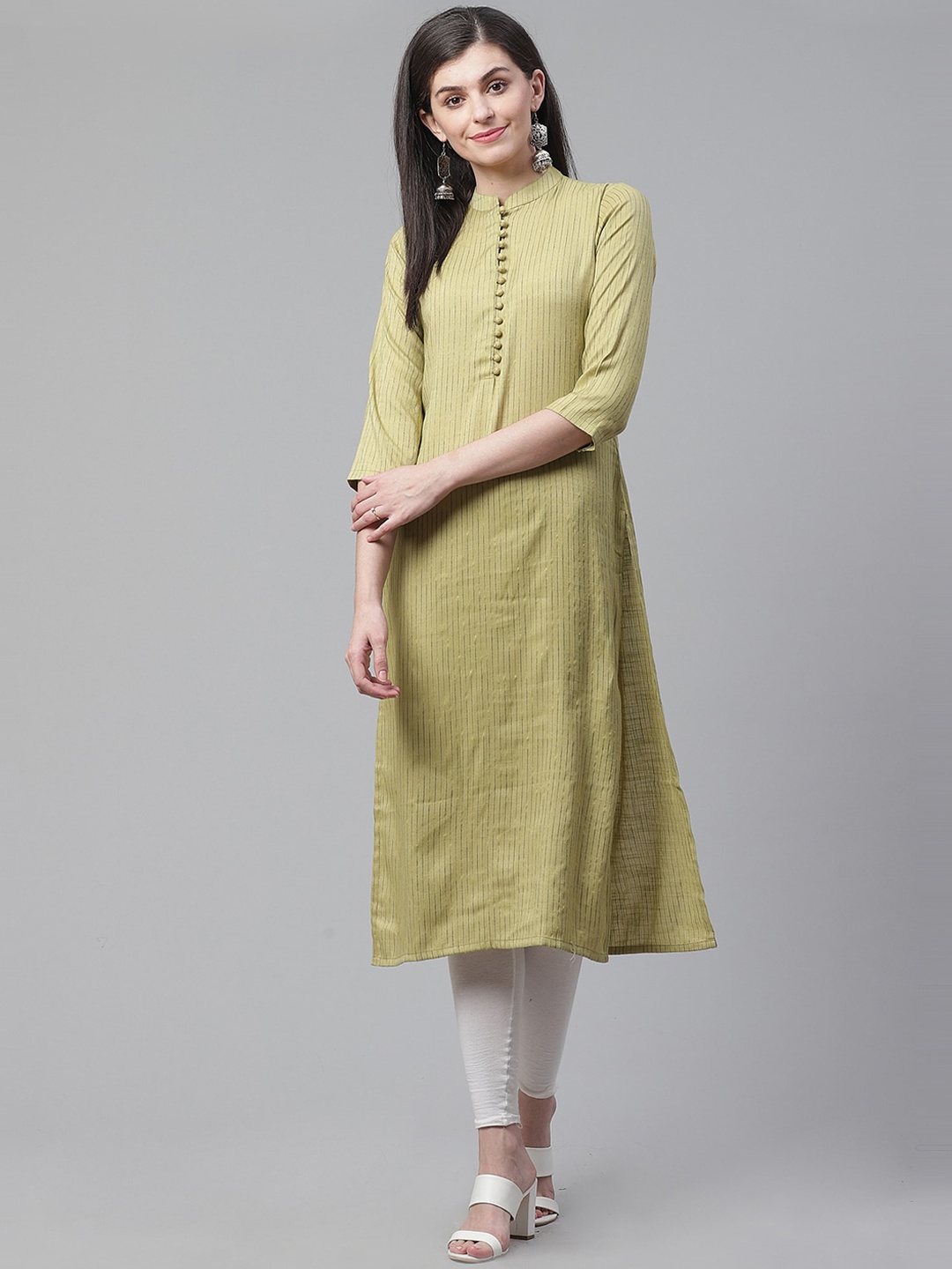 Indo Era Women Green Striped Kurta