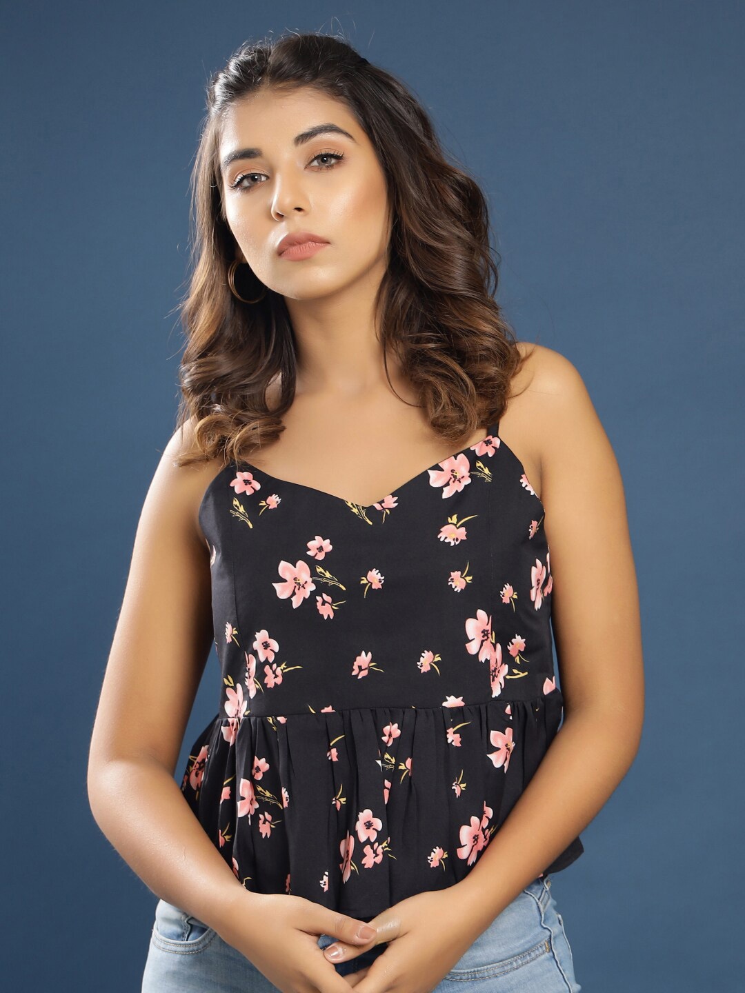KALINI Black & Pink Floral Printed Peplum Top