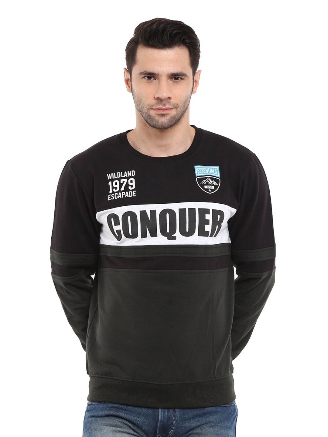 V-Mart Men Olive Green Colourblocked Sweatshirt