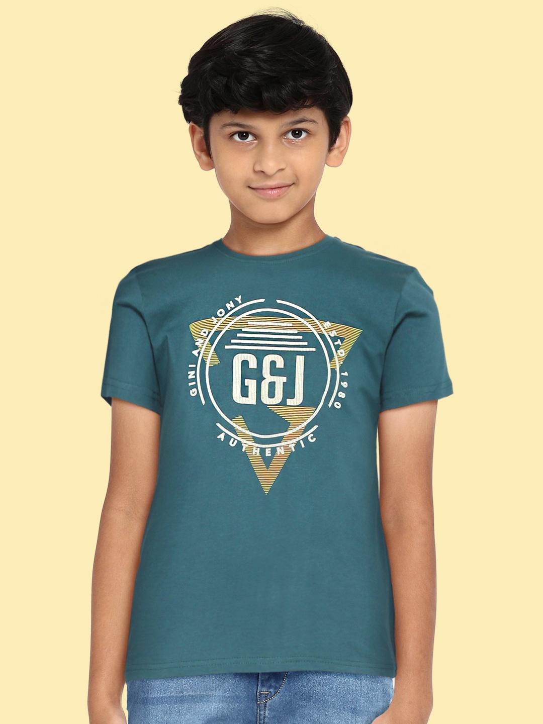 Gini and Jony Boys Teal Green & Mustard Yellow Pure Cotton Typography Printed T-shirt
Gini and Jony Boys Teal Green & Mustard Yellow Pure Cotton Typography Printed T-shirt