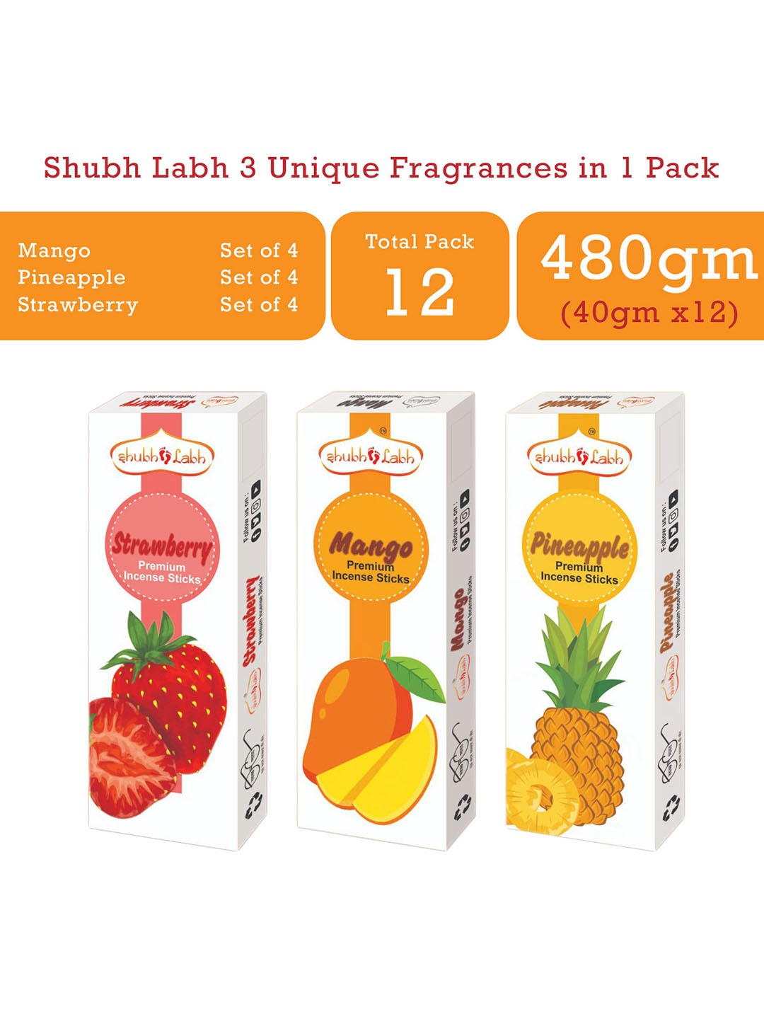 Shubh Labh Set Of 12 Boxes 3 Unique Fragrances Mango Pineapple Strawberry Incense Sticks, White
Shubh Labh Set Of 12 Boxes 3 Unique Fragrances Mango Pineapple Strawberry Incense Sticks, White