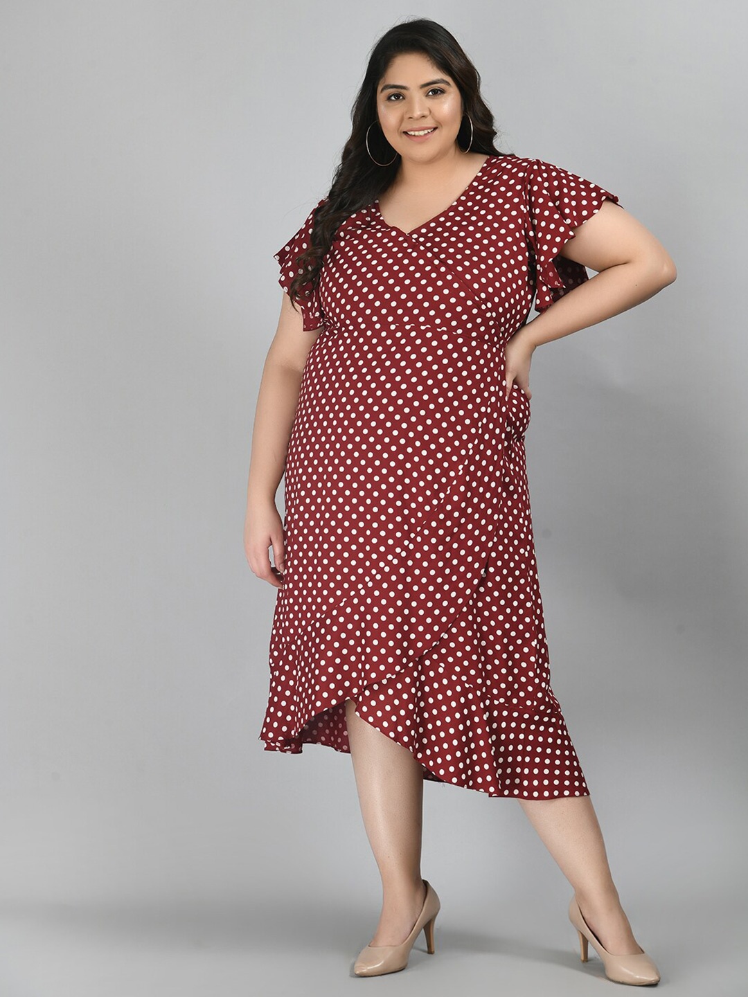 PrettyPlus by Desinoor com Women Plus Size Maroon Polka Dots Printed Wrap Midi Dress
PrettyPlus by Desinoor com Women Plus Size Maroon Polka Dots Printed Wrap Midi Dress