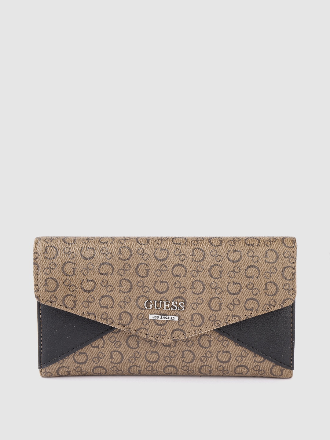 GUESS Women Brown & Black Typography Printed PU Three Fold Wallet
