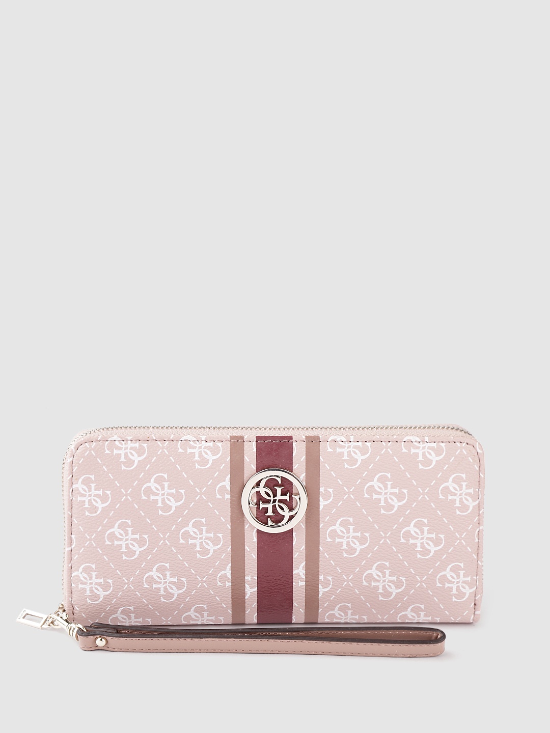 GUESS Women Peach-Coloured & White Brand Logo Printed PU Zip Around Wallet