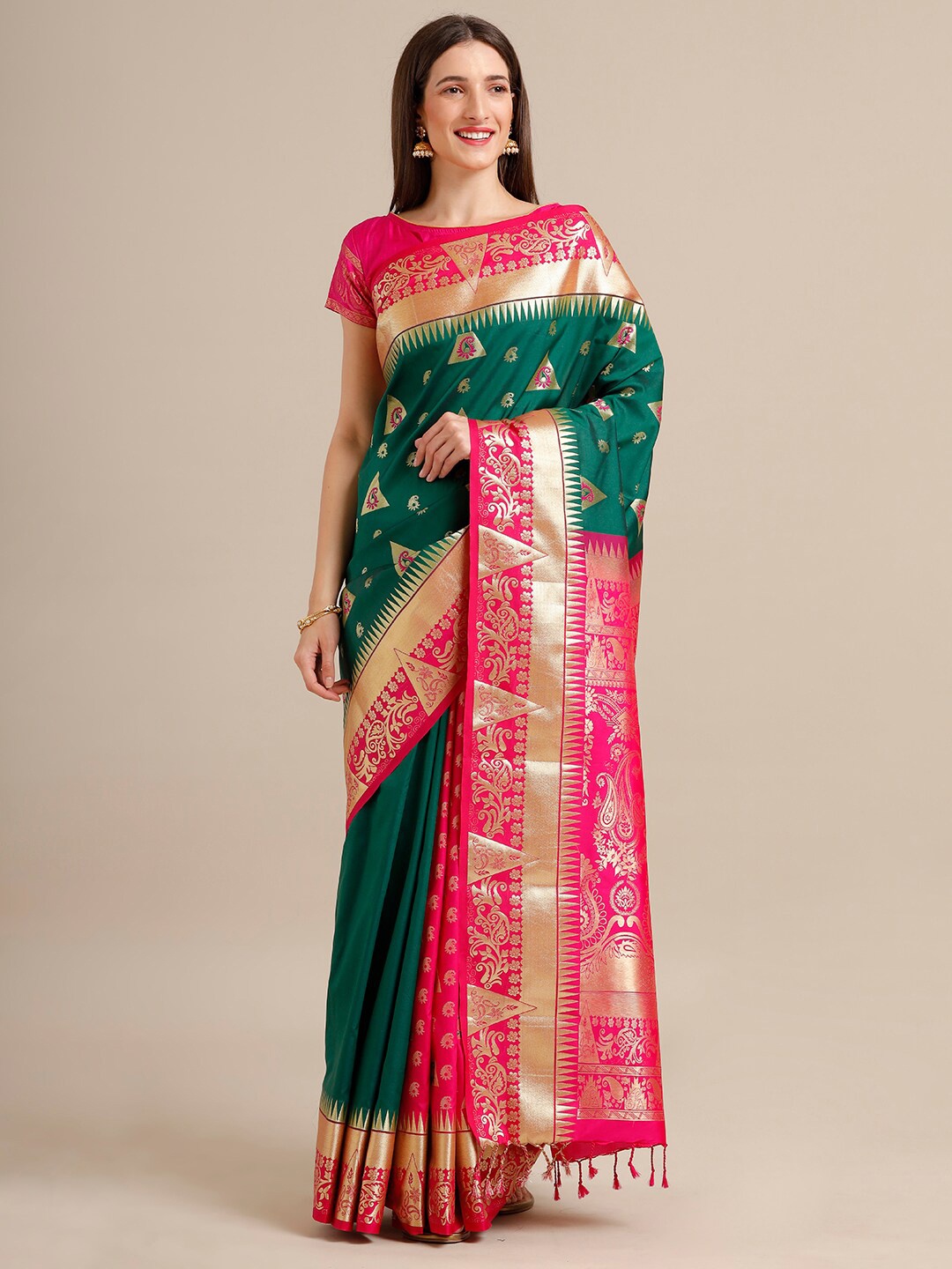 SAMITTE Green & Magenta Woven Design Zari Art Silk Kanjeevaram Saree