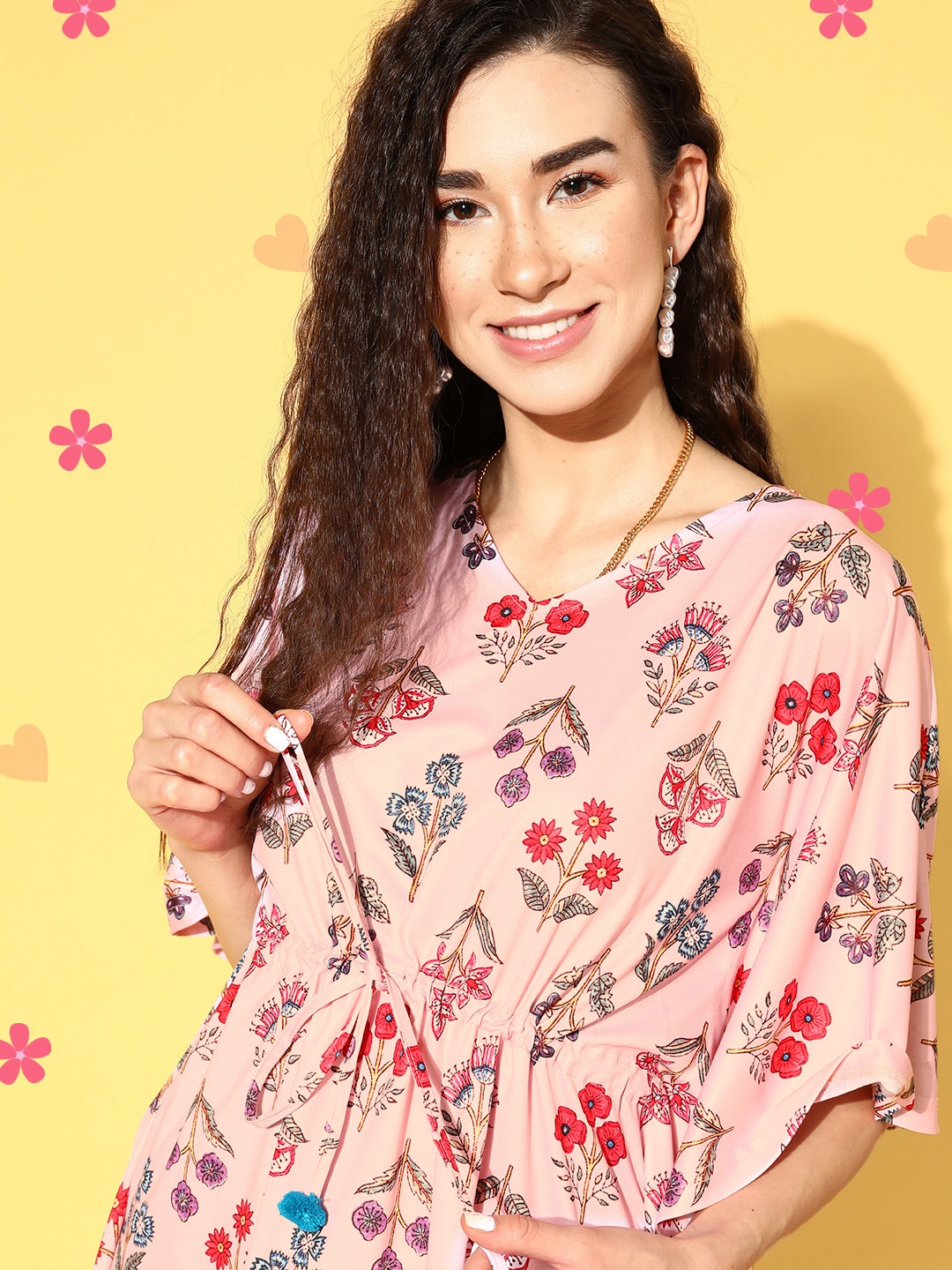 Bannos Swagger Women Peach-Coloured & Blue Printed Kaftan Pyjamas Set