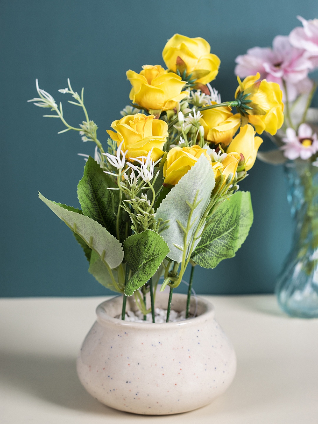 MARKET99 Yellow & Green Artificial Rose Bud With Pot