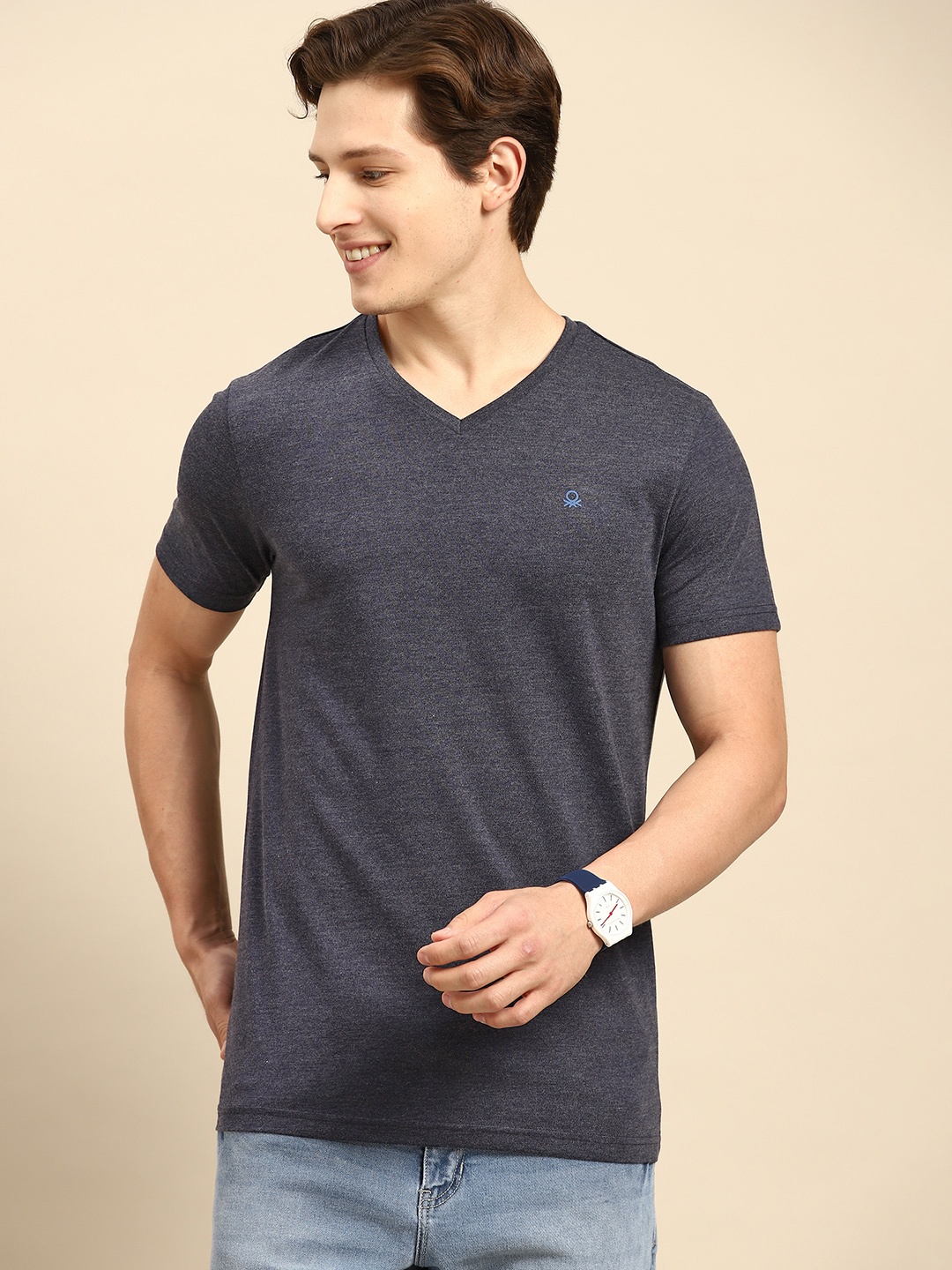 United Colors of Benetton Men Navy Blue V-Neck T-shirt