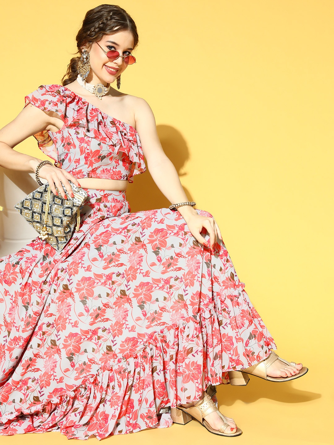Inddus Women Grey & Pink Printed Co-Ords