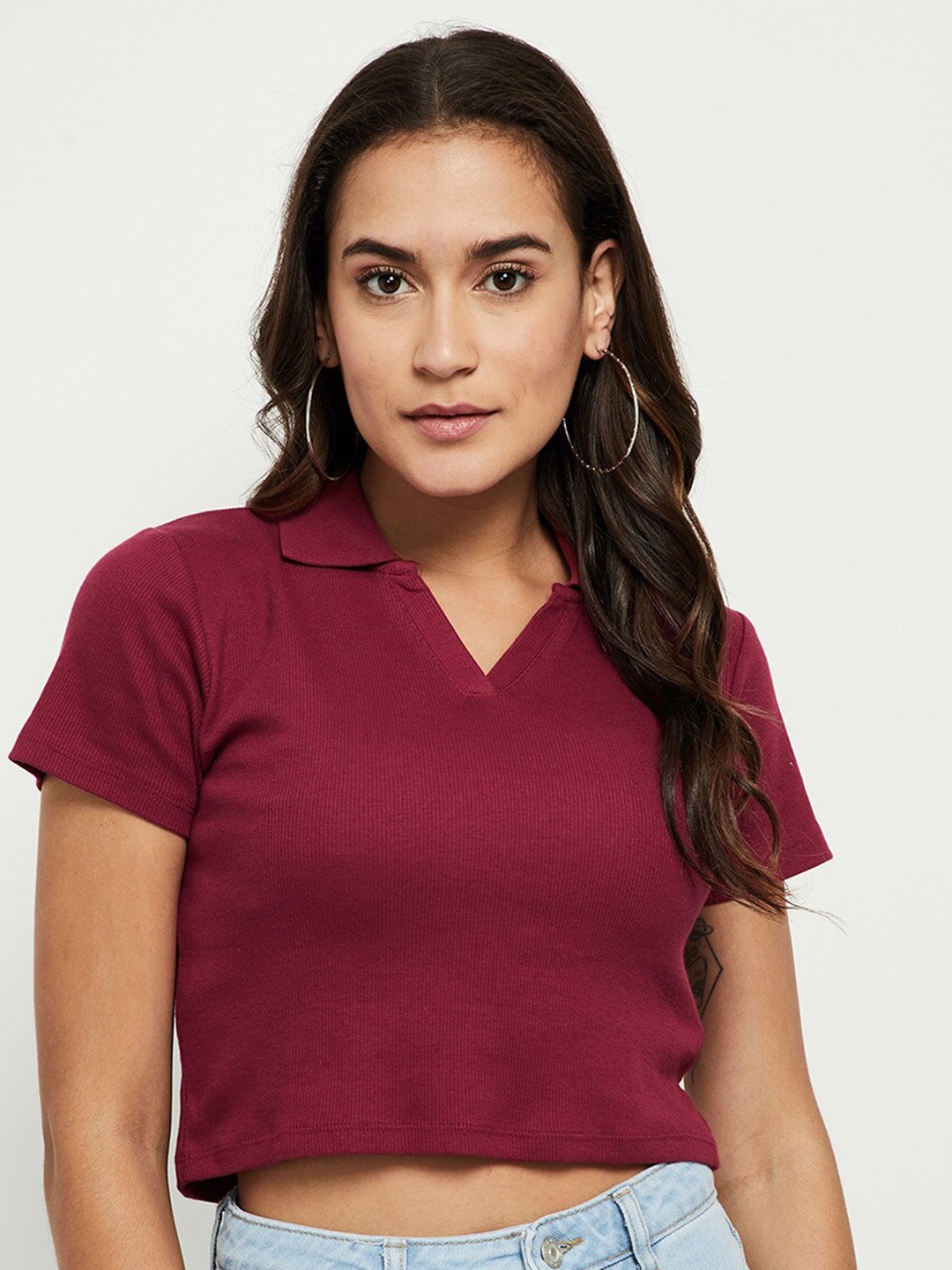 max Women Magenta Polo Collar Crop T-shirt