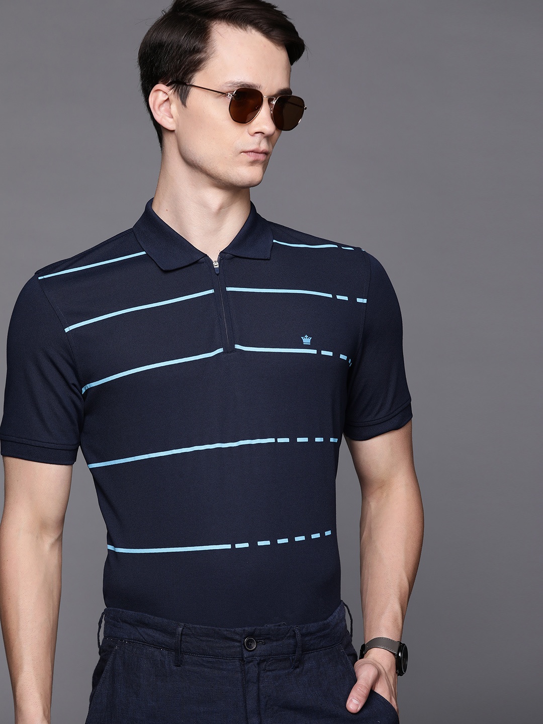 Louis Philippe Golf Leisure Men Navy Blue Striped Spread Collar T-shirt