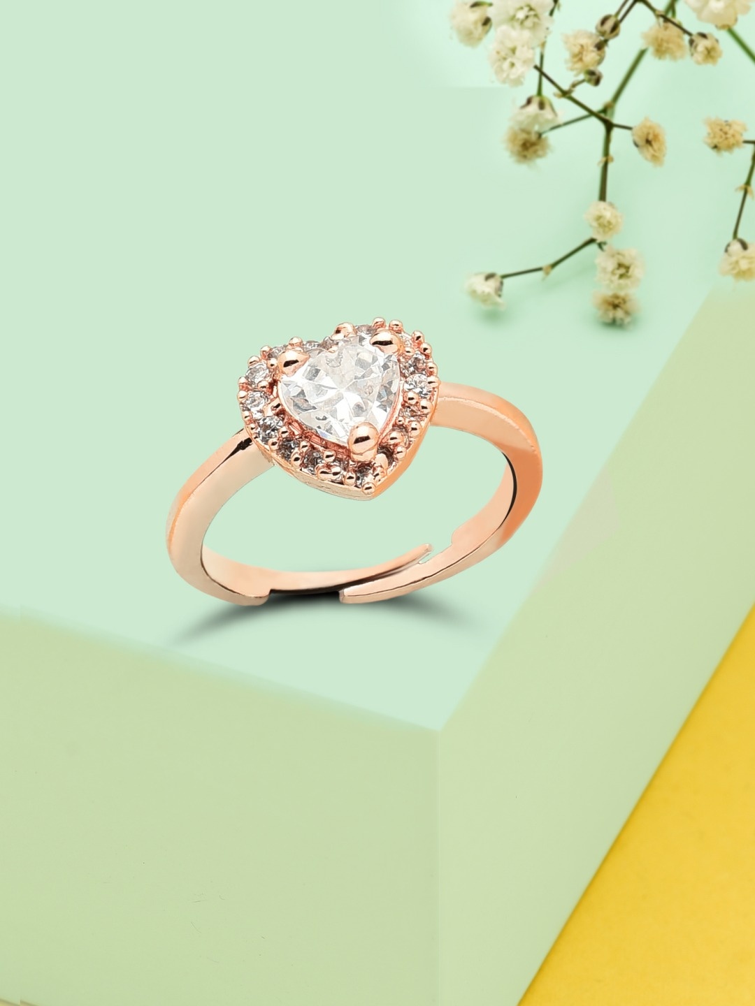 AMI Rose Gold-Plated White Cubic Zirconia Studded Heart Shape Contemporary Adjustable Finger Ring
AMI Rose Gold-Plated White Cubic Zirconia Studded Heart Shape Contemporary Adjustable Finger Ring