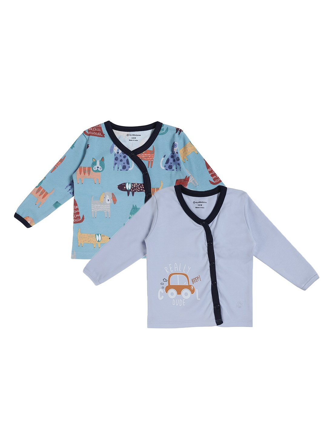 My Milestones Infant Boys Pack of 2 Printed Pure Cotton Jhablas, Blue
