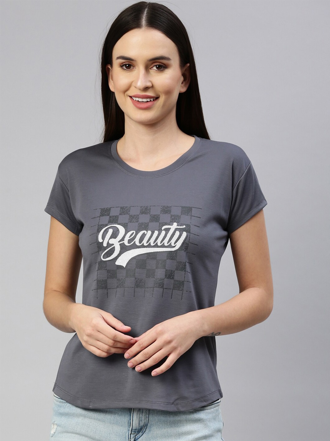 GOLDSTROMS Women Grey Typography Printed T-shirt