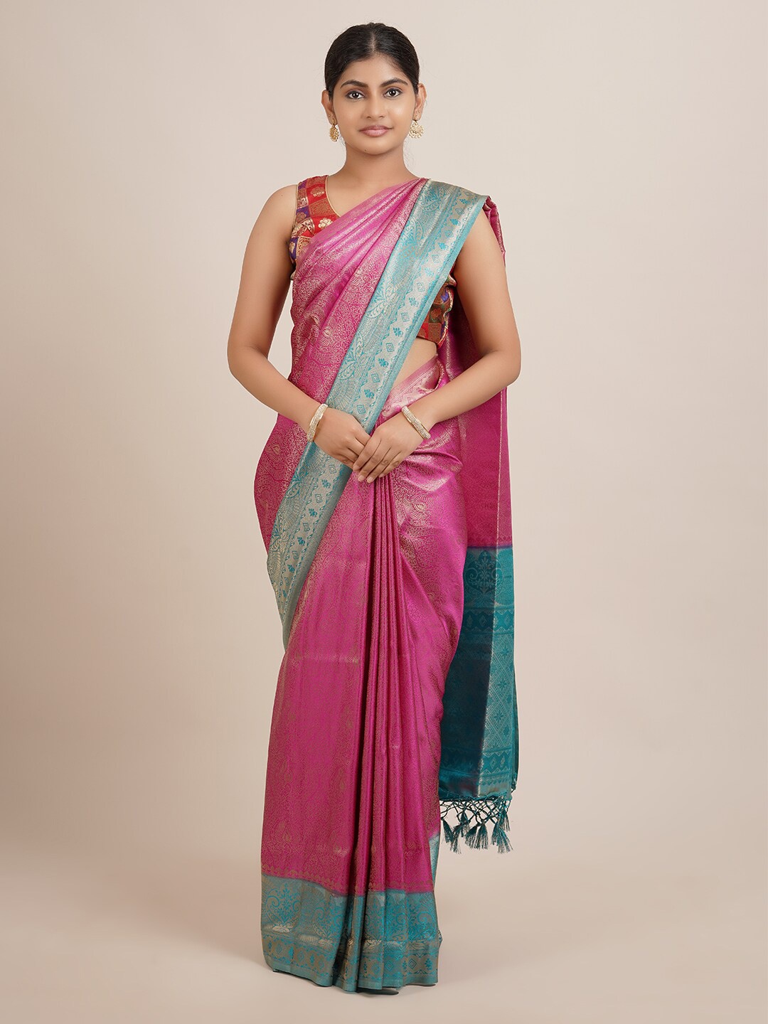 Pothys Pink & Blue Woven Design Jute Silk Saree