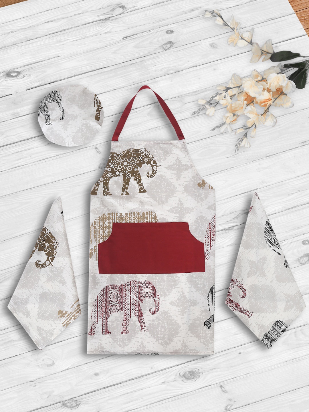 Rajasthan Decor Set of 4 Off White & Maroon Printed Cotton Apron Set