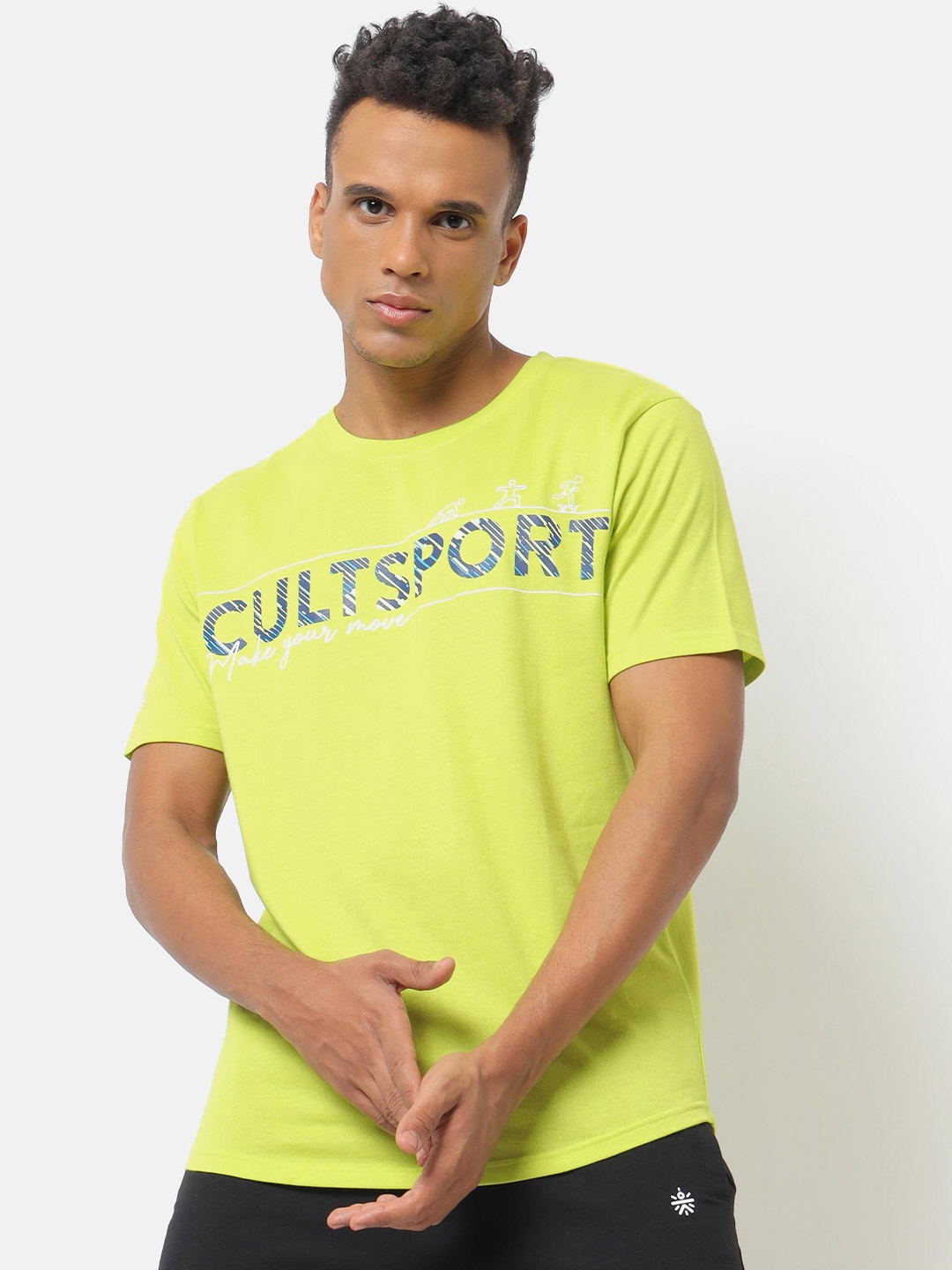 Cultsport Men Fluorescent Green Typography Printed Training or Gym T-shirt