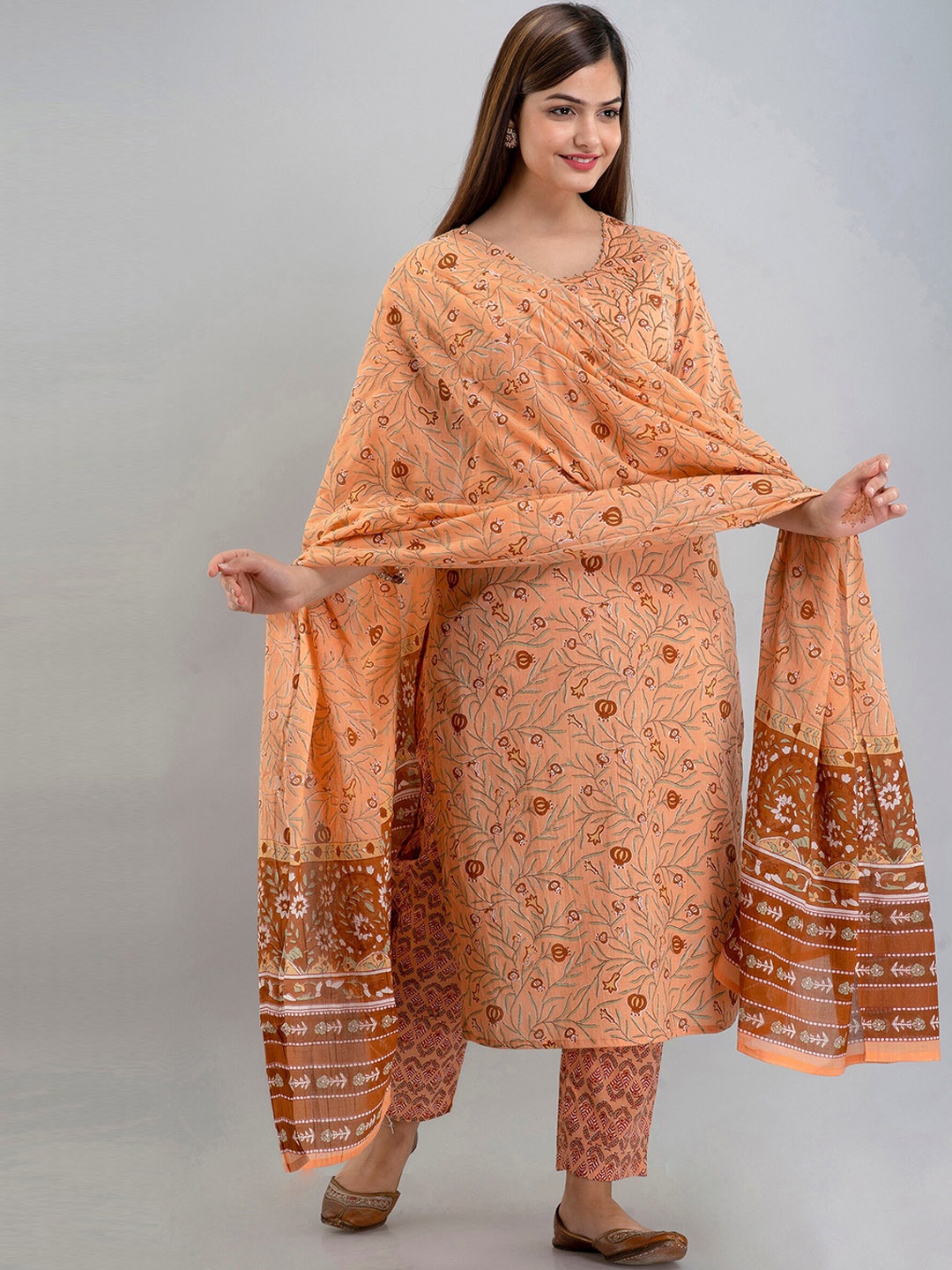 KALINI Women Rust Ethnic Motifs Printed Layered Pure Cotton Kurta with Trousers & Dupatta
KALINI Women Rust Ethnic Motifs Printed Layered Pure Cotton Kurta with Trousers & Dupatta