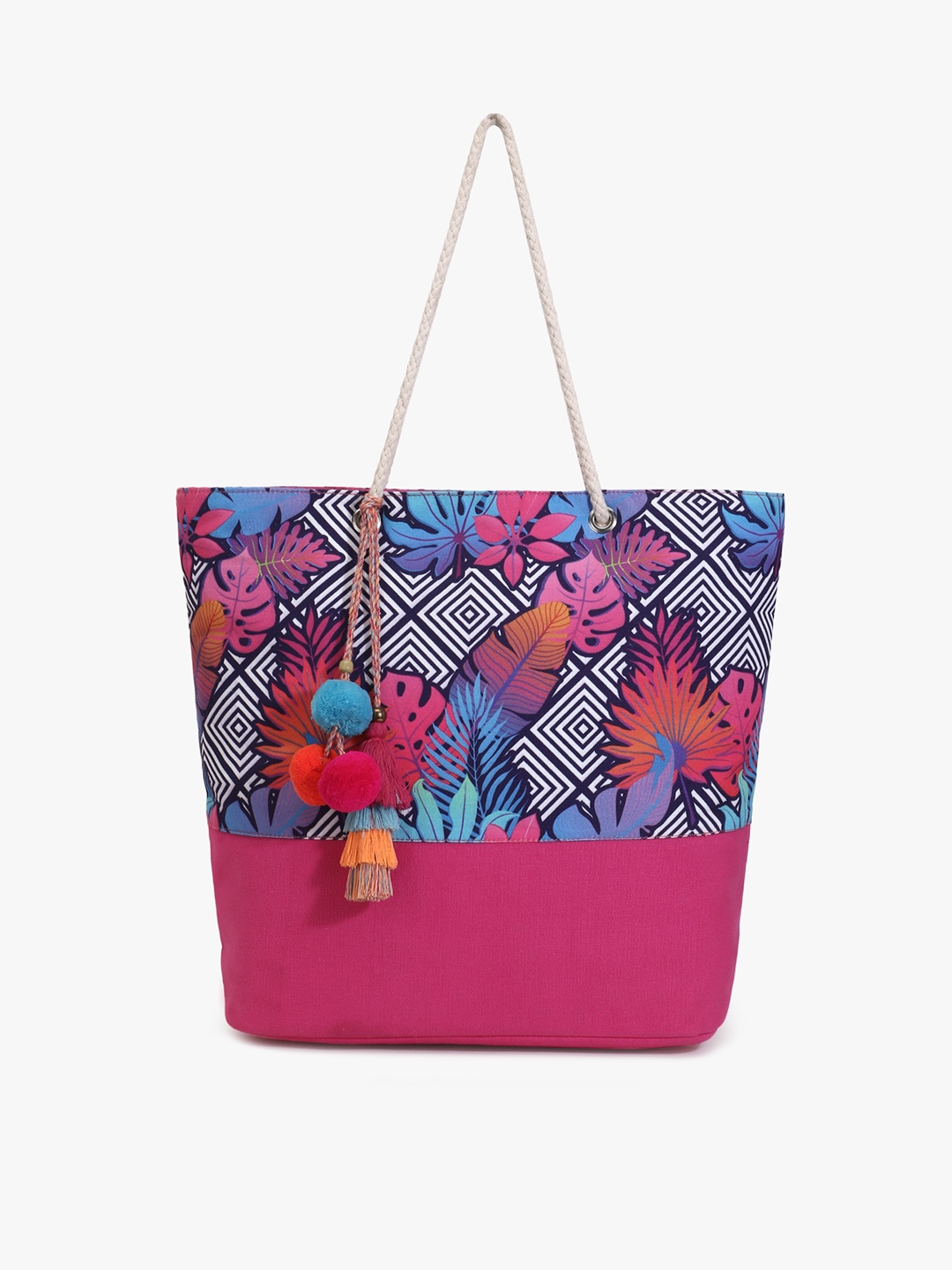 Anekaant Women Pink Floral Printed Shopper Tote Bag with Tasselled