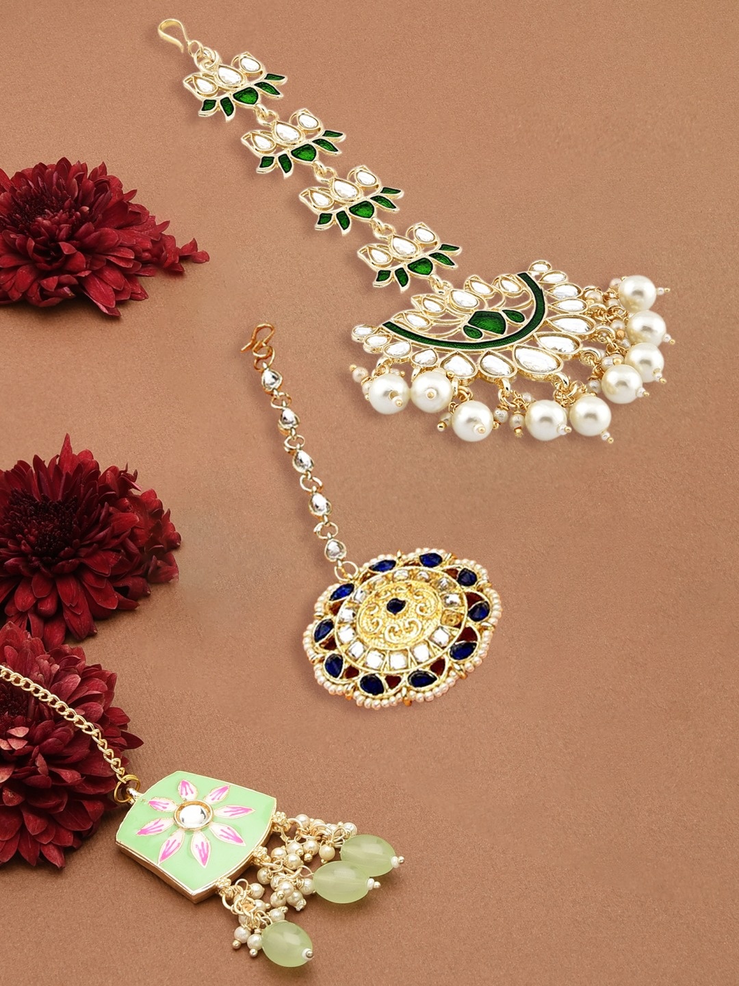 Zaveri Pearls Set Of 3 Gold-Plated Green & Blue Kundan & Beaded Antique Maang Tikka
Zaveri Pearls Set Of 3 Gold-Plated Green & Blue Kundan & Beaded Antique Maang Tikka