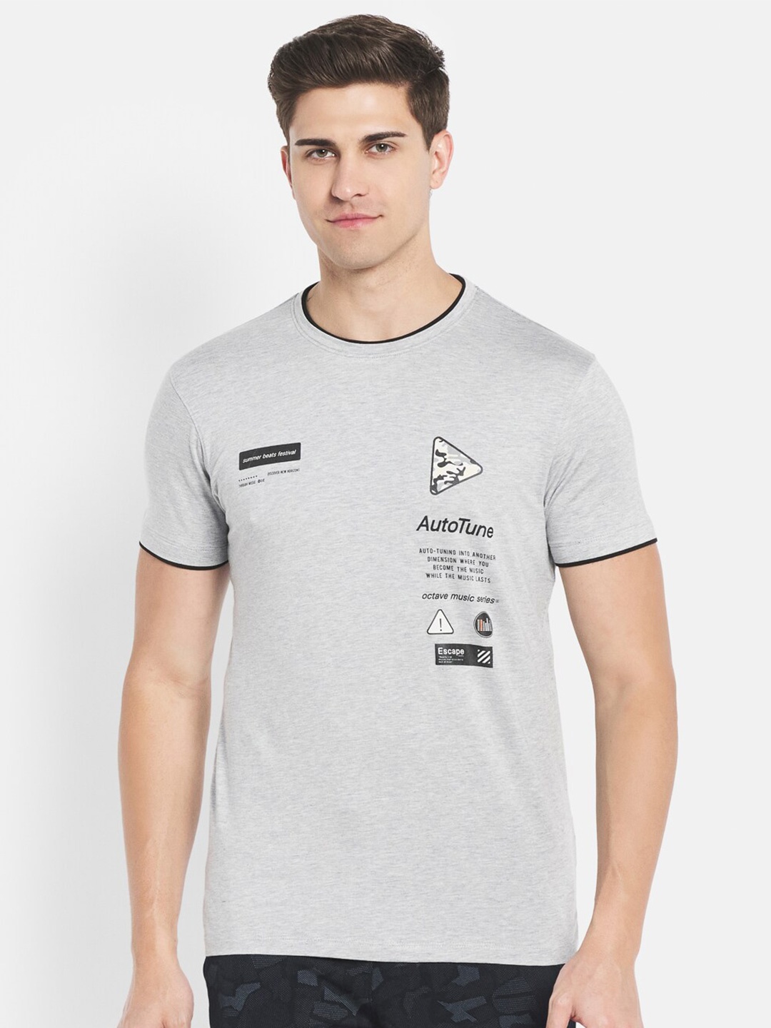 Octave Men Grey Printed Cotton T-shirt