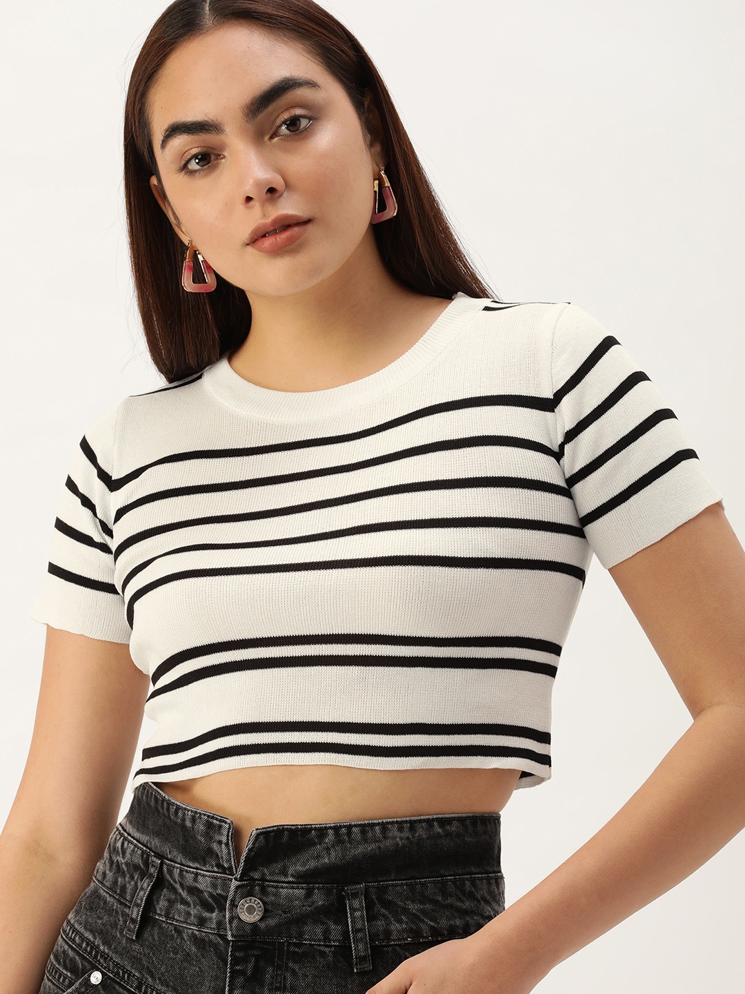 SHECZZAR Women White & Black Striped Crop T-shirt