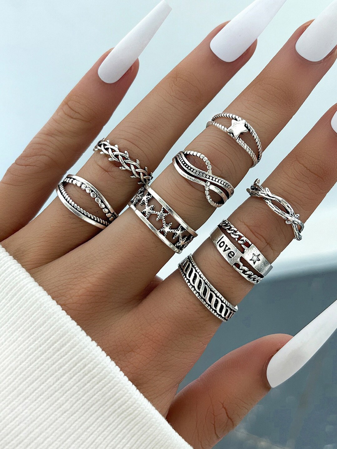 Shining Diva Fashion Set Of 8 Silver-Plated Boho Midi Finger Adjustable Crystal Rings
Shining Diva Fashion Set Of 8 Silver-Plated Boho Midi Finger Adjustable Crystal Rings
