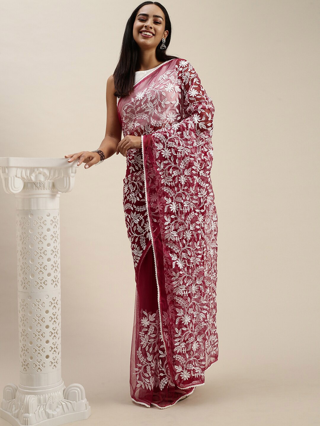 Iris Rose & White Floral Aari Work Net Saree