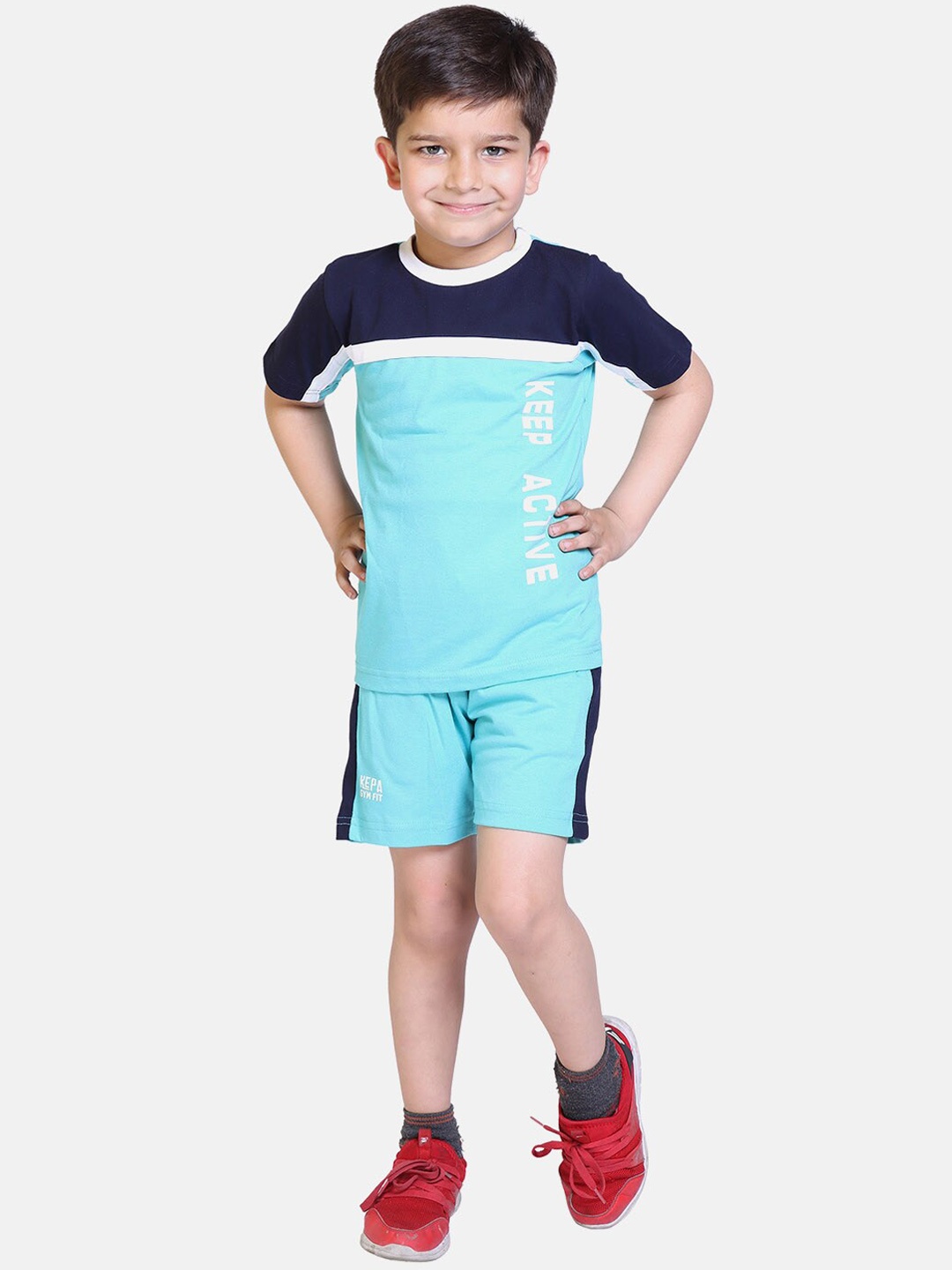KEPA Boys Blue & Navy Blue Colourblocked T-shirt with Shorts