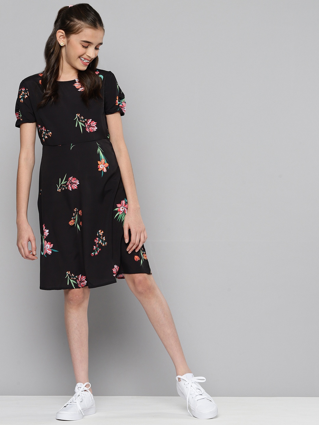 M&H Juniors Black Floral A-Line Dress