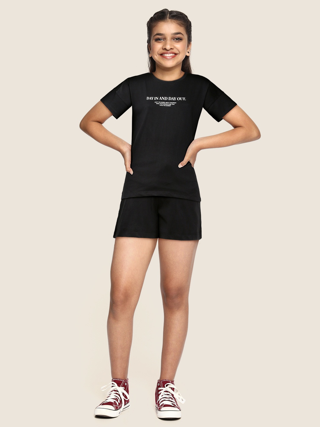 M&H Juniors Girls Black Pure Cotton T-shirt with Shorts