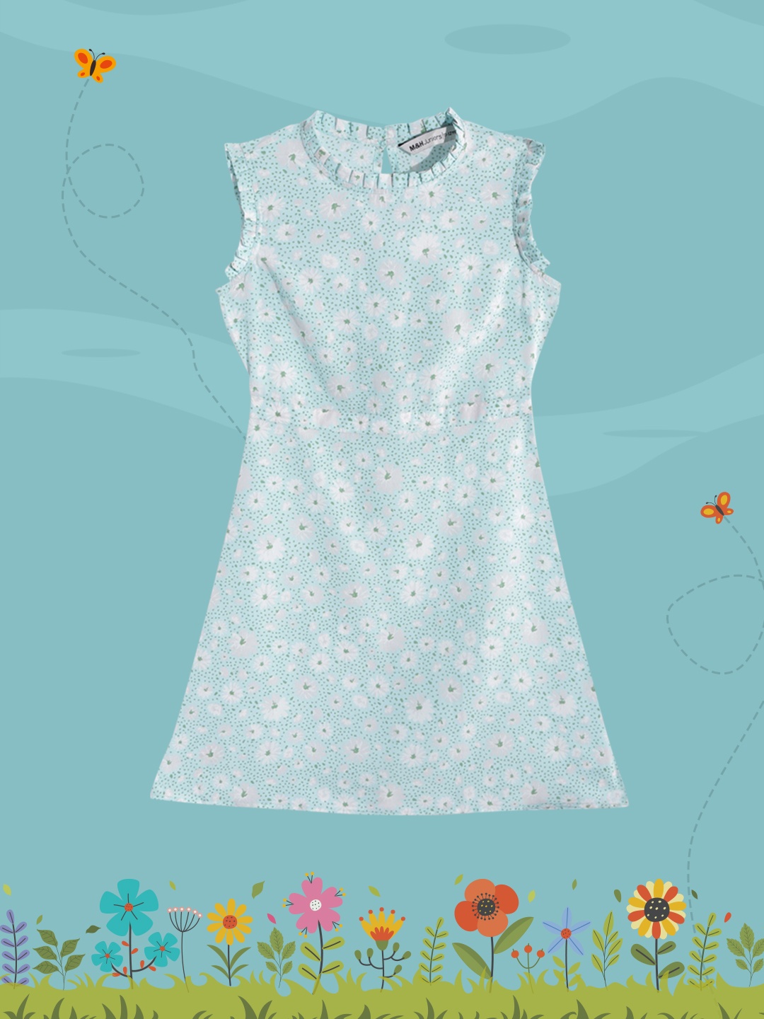 M&H Juniors Girls Blue & White Floral Print A-Line Dress