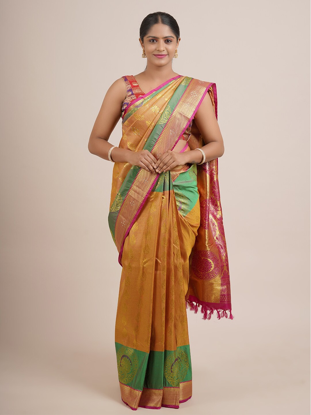 Pothys Mustard & Green Ethnic Motifs Zari Pure Silk Saree