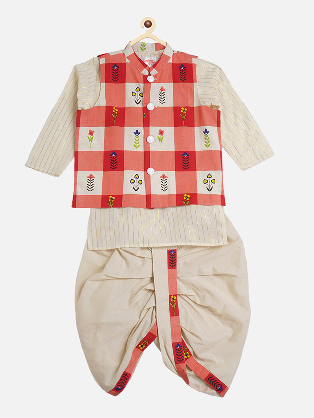 Little Bansi Boys Cream-Coloured Printed Pure Cotton Kurta with Dhoti Pants 
Little Bansi Boys Cream-Coloured Printed Pure Cotton Kurta with Dhoti Pants