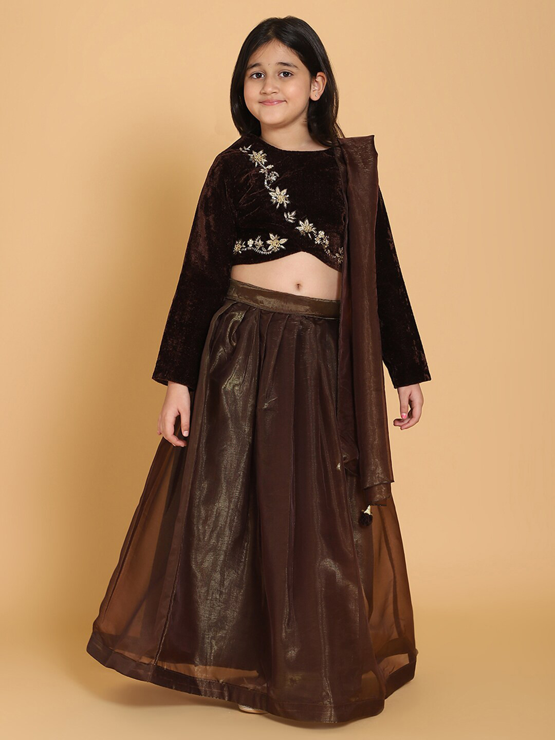 PICCOLO Girls Brown & Golden Embroidered Ready to Wear Lehenga & Blouse With Dupatta
PICCOLO Girls Brown & Golden Embroidered Ready to Wear Lehenga & Blouse With Dupatta
