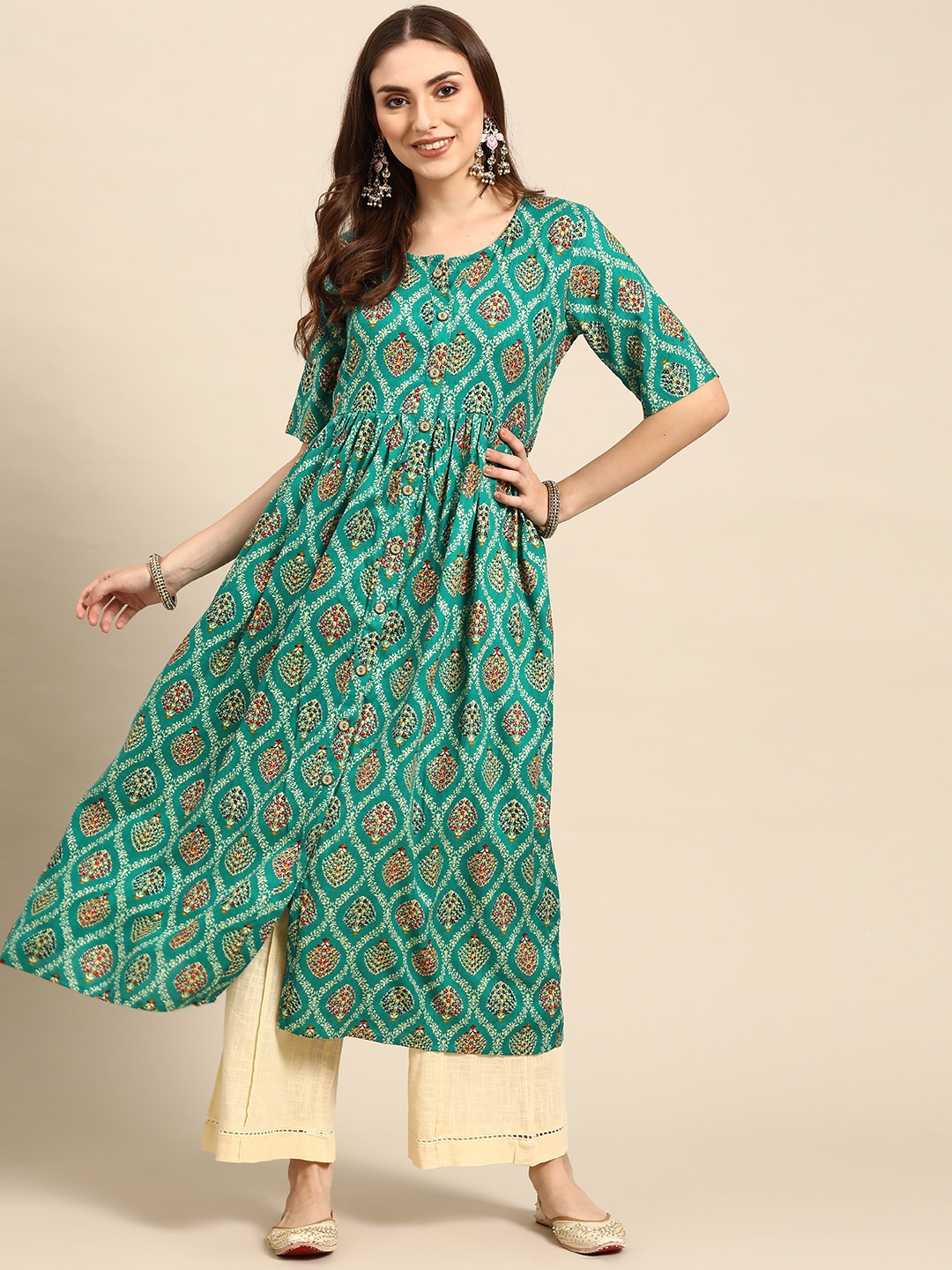 Prakhya Women Blue & Beige Ethnic Motifs Printed Kurta