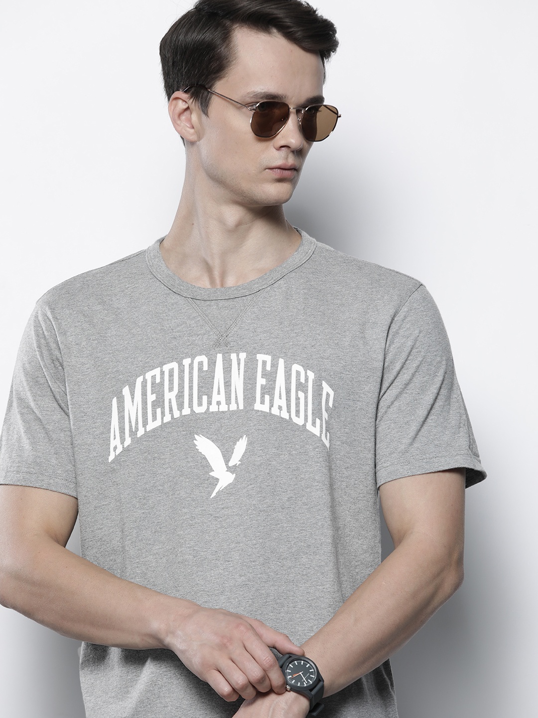 AMERICAN EAGLE OUTFITTERS Men Grey Melange & White Brand Logo Printed Pure Cotton T-shirt