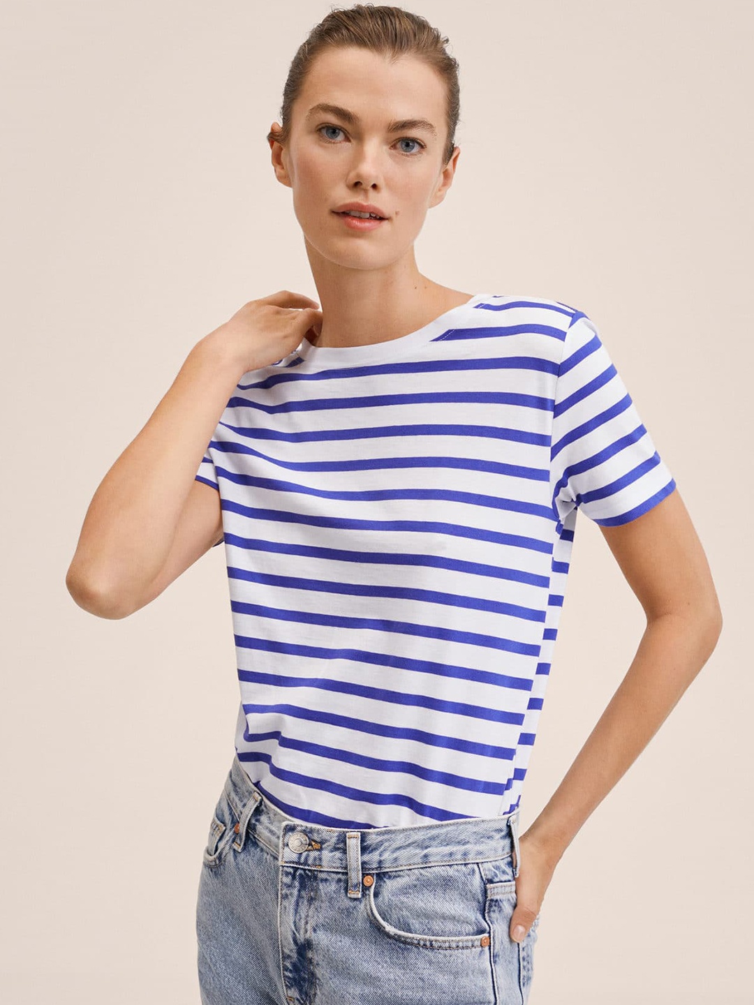 MANGO Women White & Blue Striped T-shirt