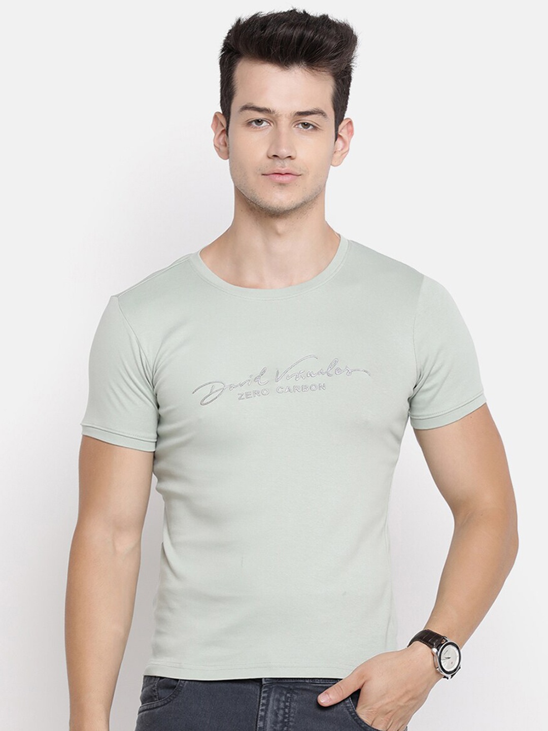 V2 Value & Variety Men Green Regular Fit Pure Cotton T-shirt