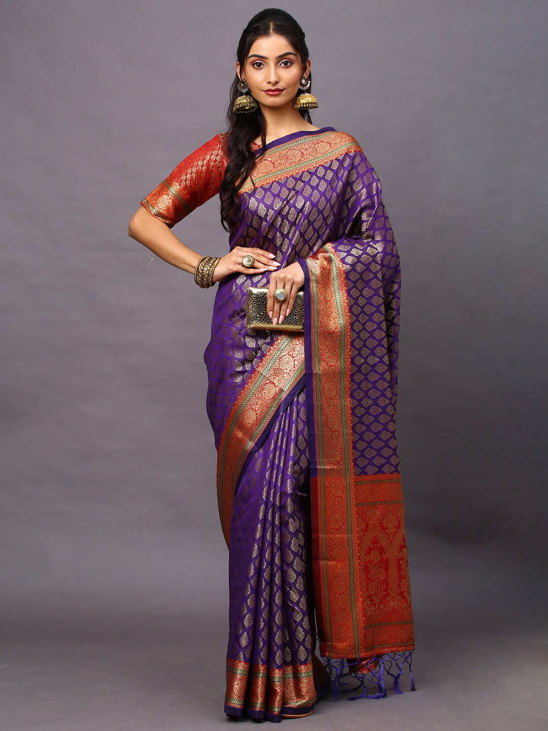Mitera Purple & Red Ethnic Motifs Zari Silk Blend Banarasi Saree 
Mitera Purple & Red Ethnic Motifs Zari Silk Blend Banarasi Saree