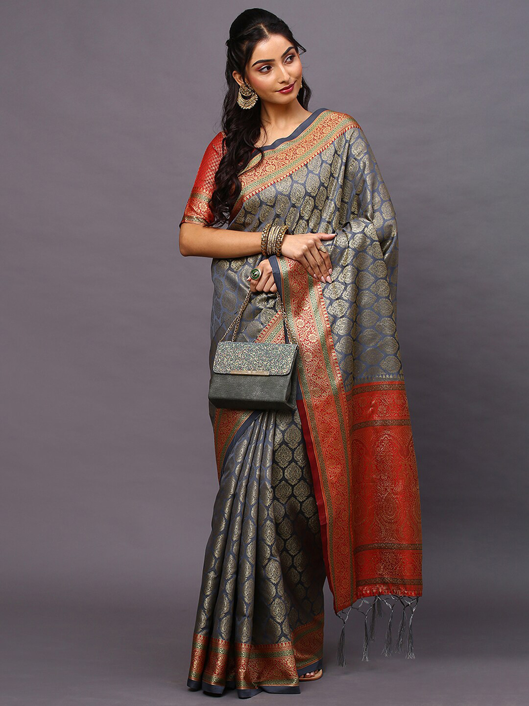 Mitera Grey & Red Woven Design Silk Blend Banarasi Saree 
Mitera Grey & Red Woven Design Silk Blend Banarasi Saree