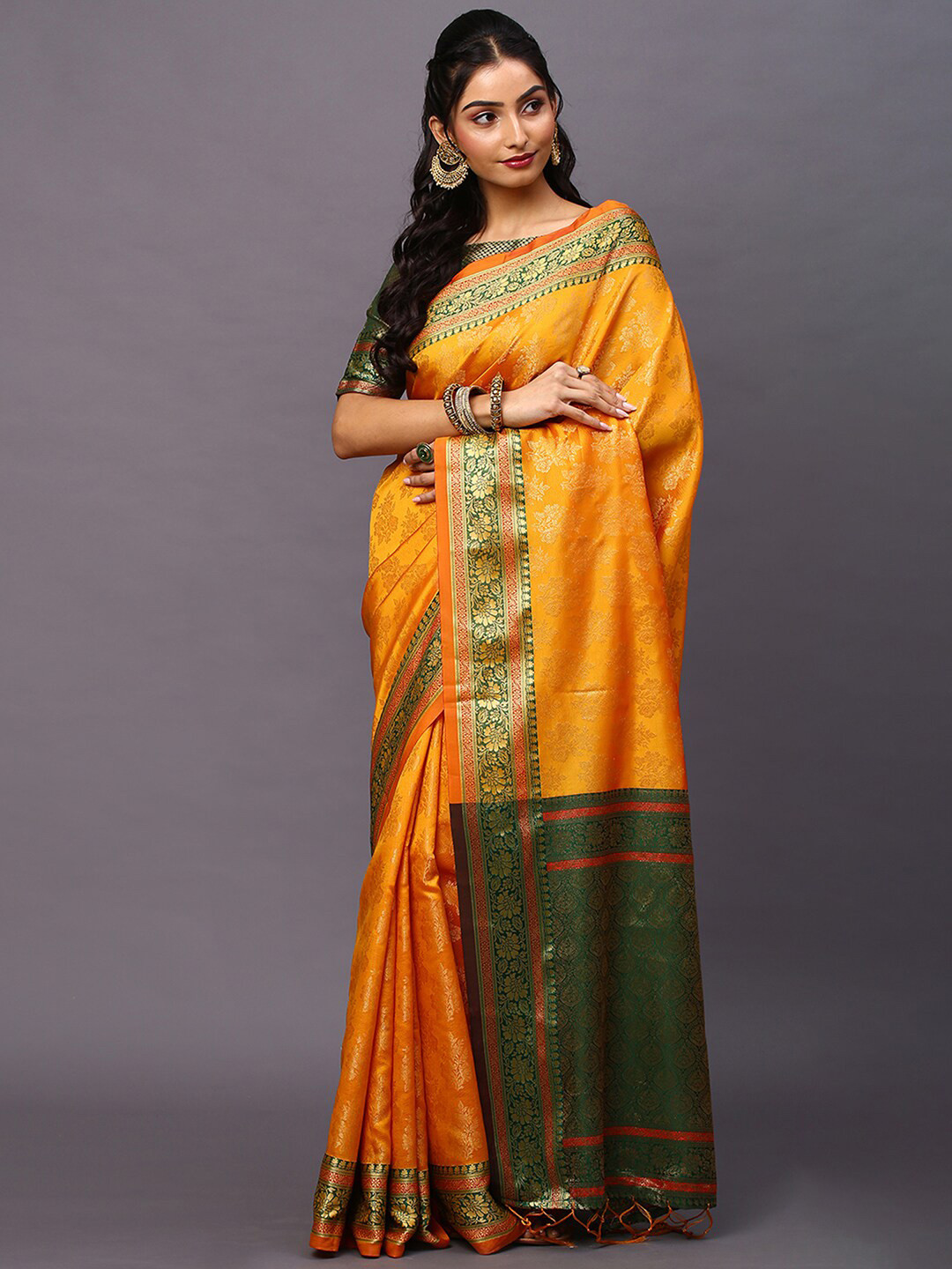 Mitera Yellow & Green Woven Design Zari Silk Blend Saree 
Mitera Yellow & Green Woven Design Zari Silk Blend Saree