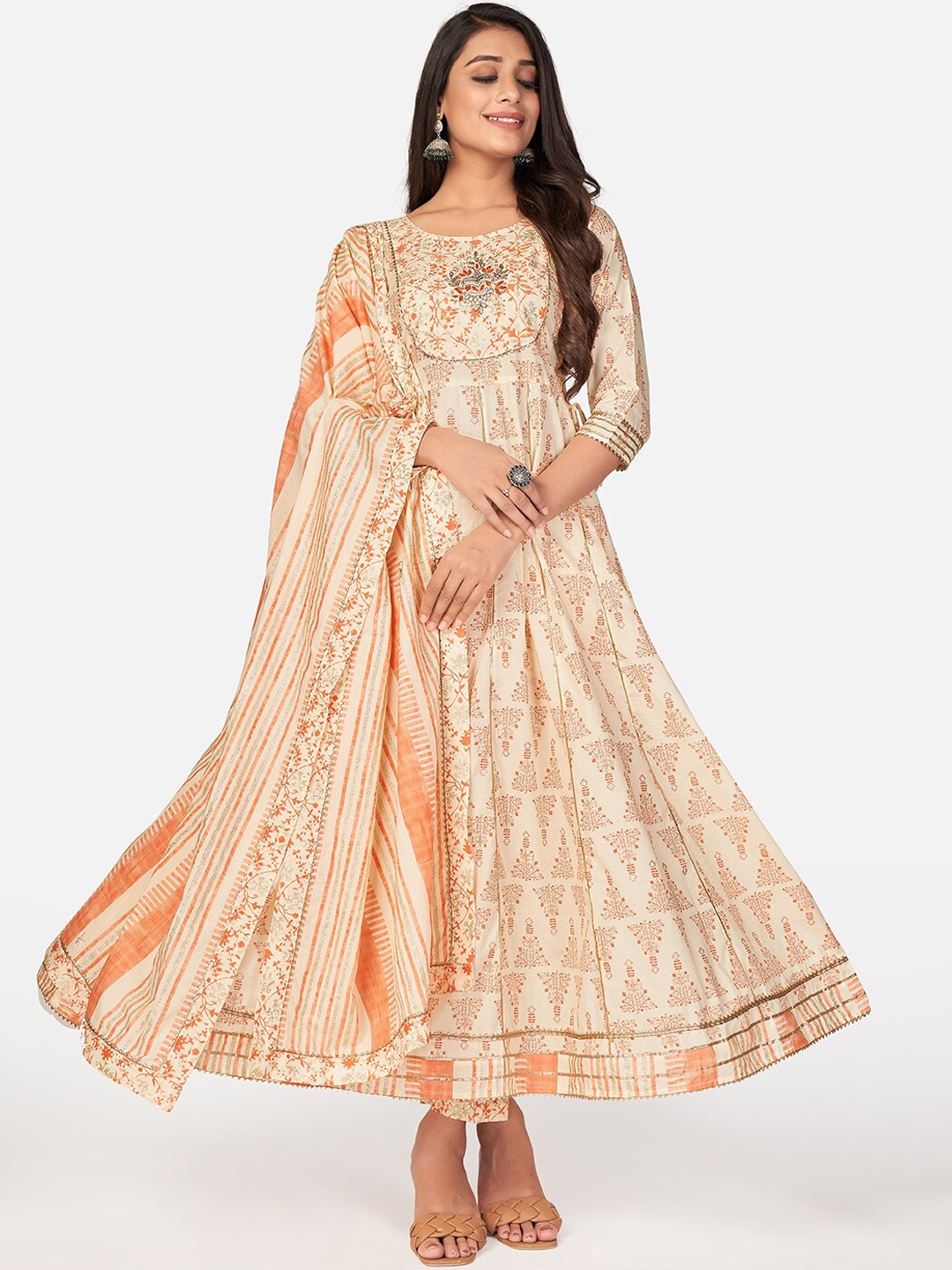 KALINI Women Beige Printed Layered Thread Work Pure Cotton Kurta with Palazzos & With Dupatta
KALINI Women Beige Printed Layered Thread Work Pure Cotton Kurta with Palazzos & With Dupatta