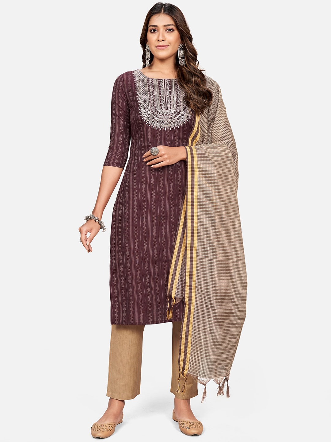 KALINI Women Purple Striped Thread Work Pure Cotton Kurti with Trousers & With Dupatta
KALINI Women Purple Striped Thread Work Pure Cotton Kurti with Trousers & With Dupatta