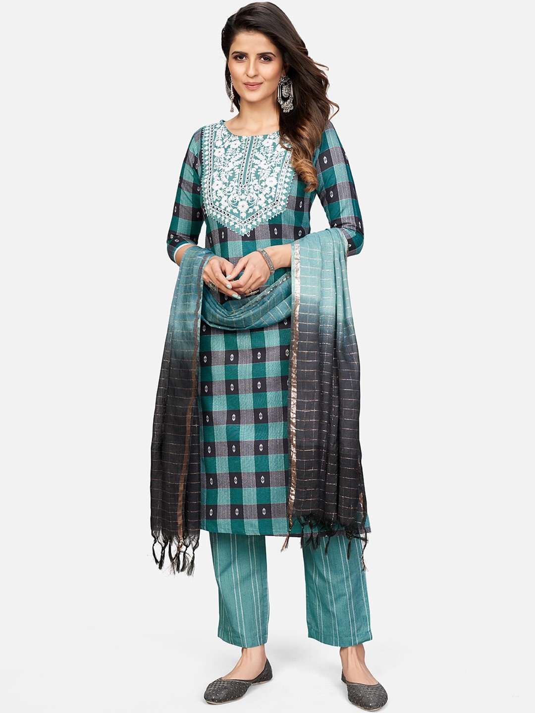 KALINI Women Turquoise Blue Floral Printed Thread Work Pure Cotton Kurti with Trousers & With Dupatta
KALINI Women Turquoise Blue Floral Printed Thread Work Pure Cotton Kurti with Trousers & With Dupatta