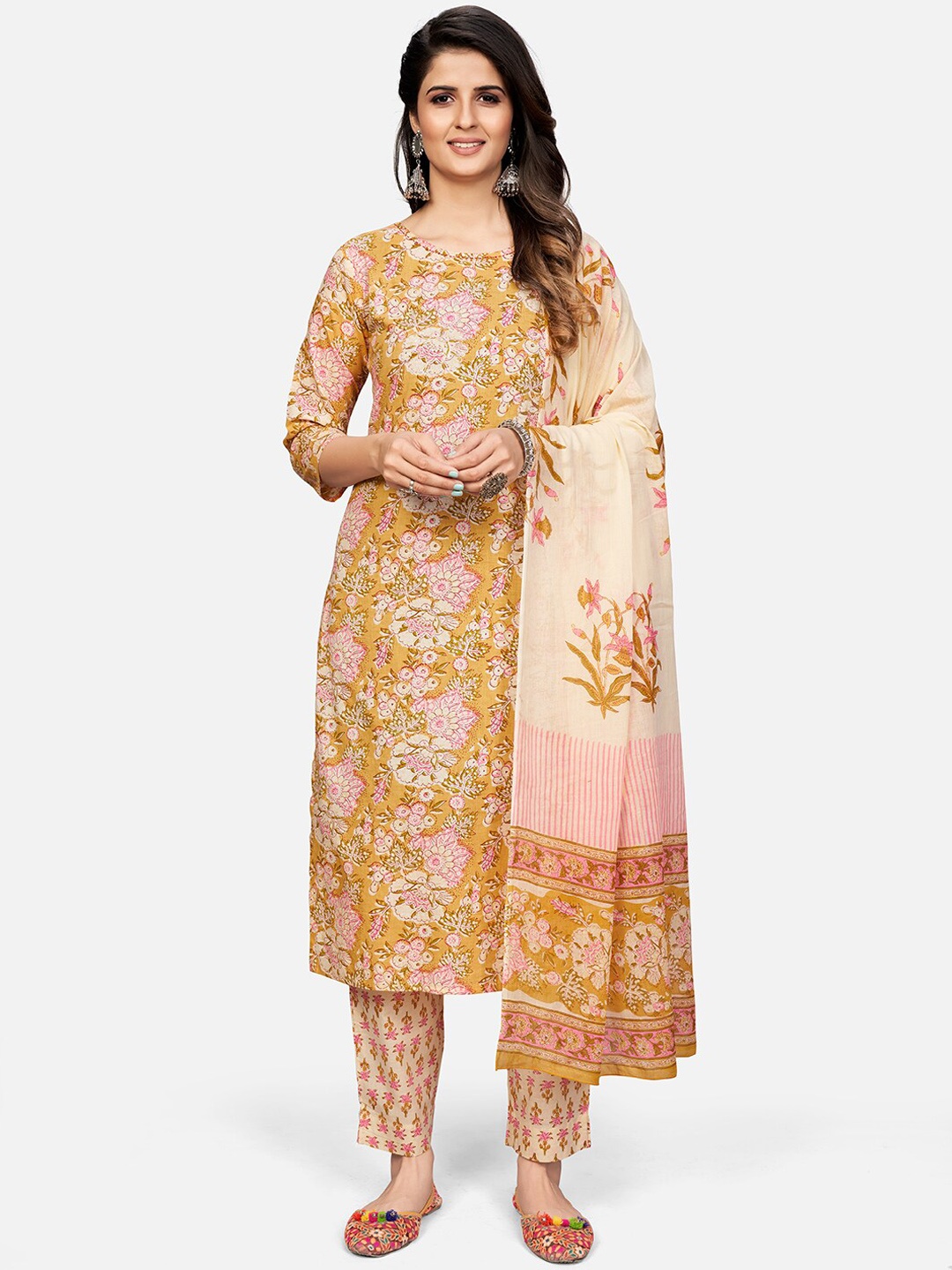 KALINI Women Yellow Printed Sequinned Pure Cotton Kurti with Trousers & With Dupatta
KALINI Women Yellow Printed Sequinned Pure Cotton Kurti with Trousers & With Dupatta