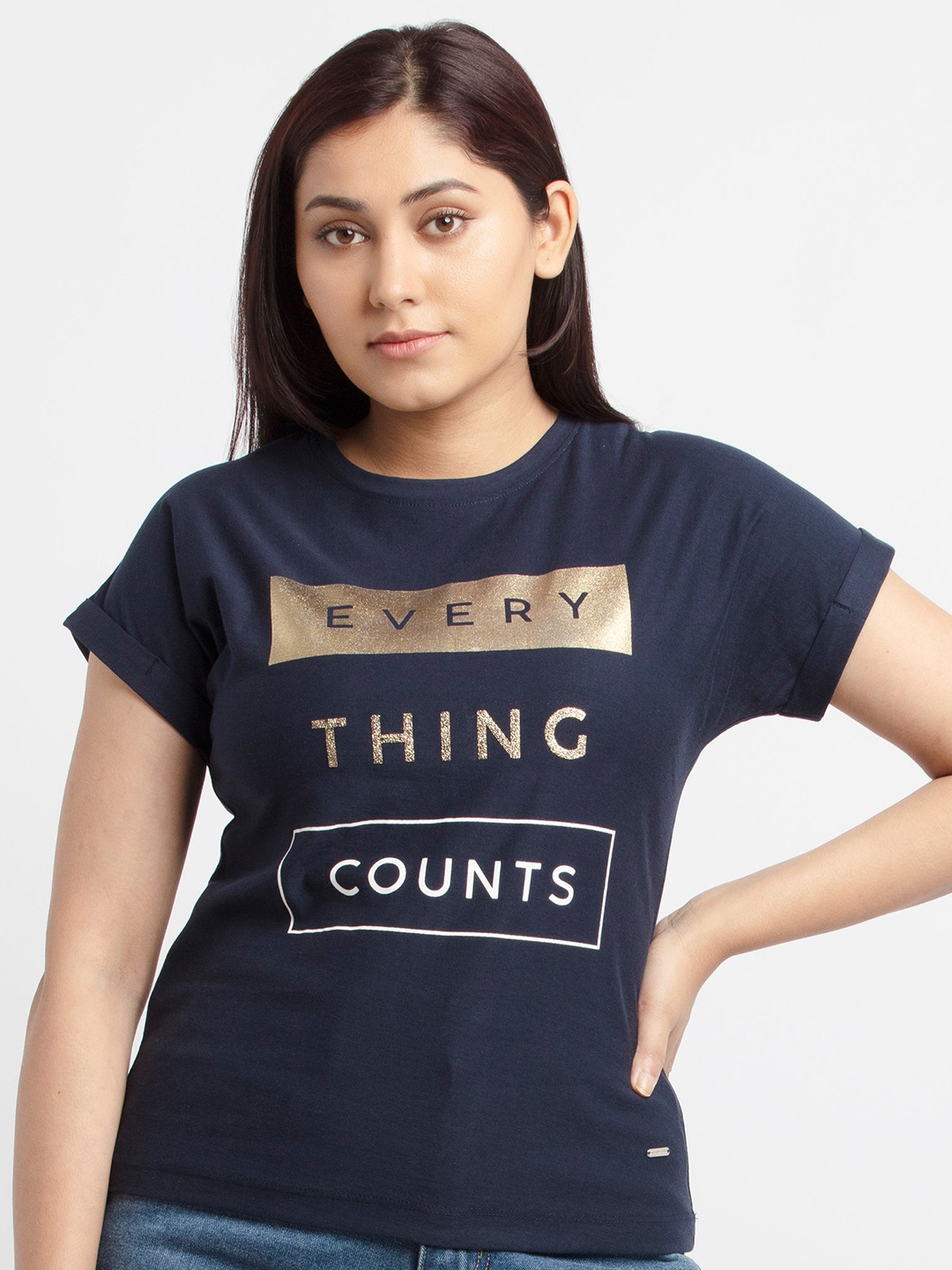 Status Quo Women Navy Blue & Gold-Toned Typography Printed Extended Sleeves Cotton T-shirt
Status Quo Women Navy Blue & Gold-Toned Typography Printed Extended Sleeves Cotton T-shirt