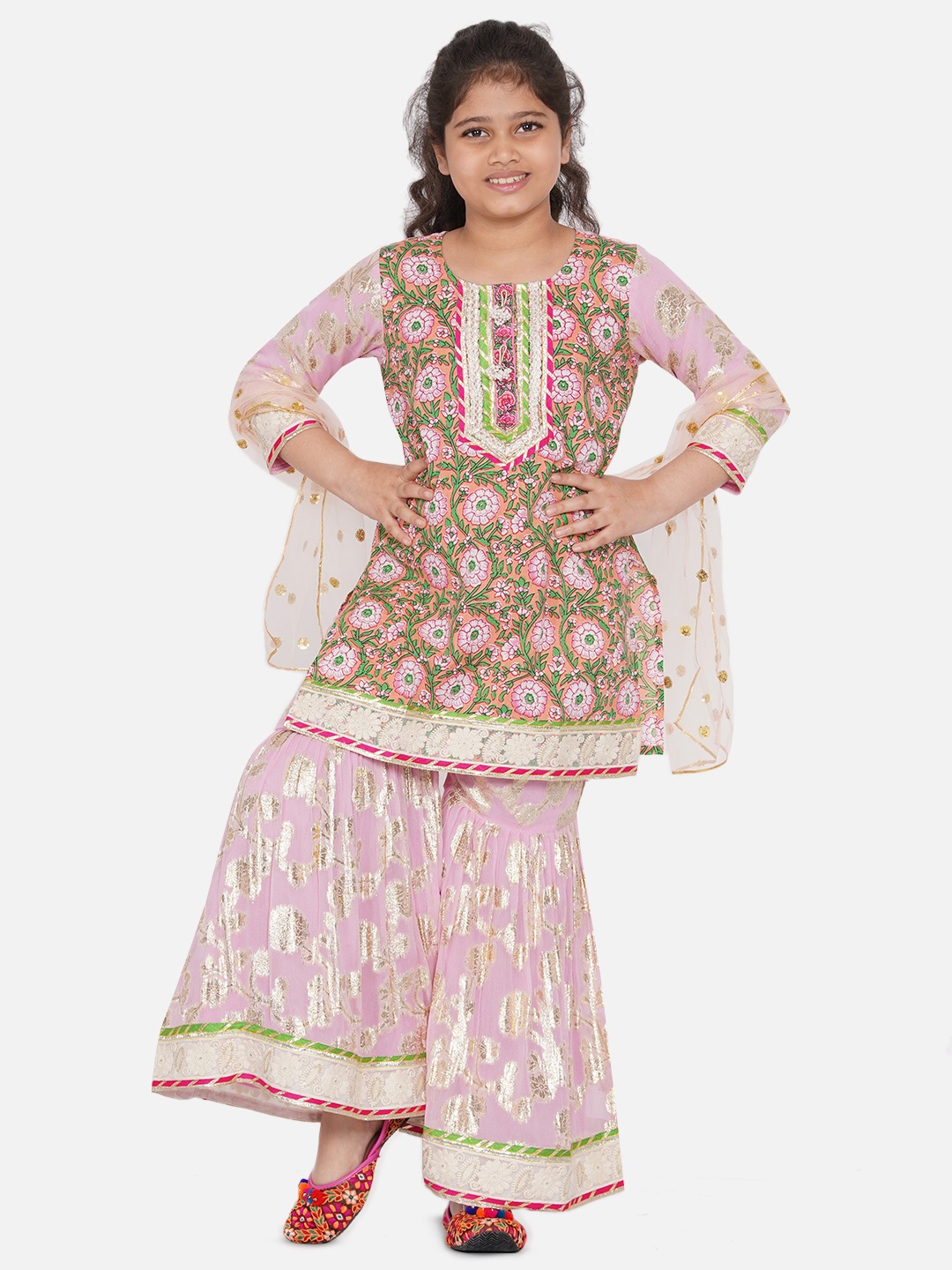 Little Bansi Girls Pink & Green Floral Print Bead Embroidered Kurti with Sharara & Dupatta
Little Bansi Girls Pink & Green Floral Print Bead Embroidered Kurti with Sharara & Dupatta