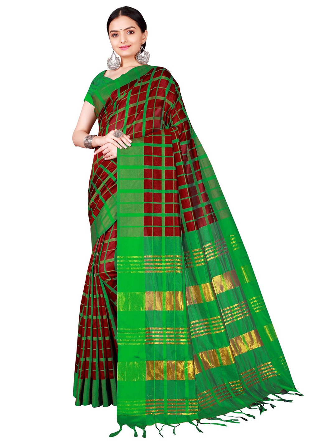 Florence Maroon & Green Checked Cotton Silk Saree