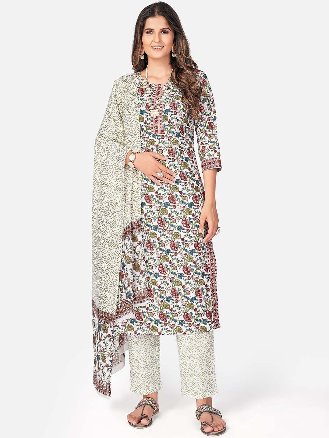 KALINI Women White Floral Printed Gotta Patti Pure Cotton Kurta with Trousers & Dupatta
KALINI Women White Floral Printed Gotta Patti Pure Cotton Kurta with Trousers & Dupatta